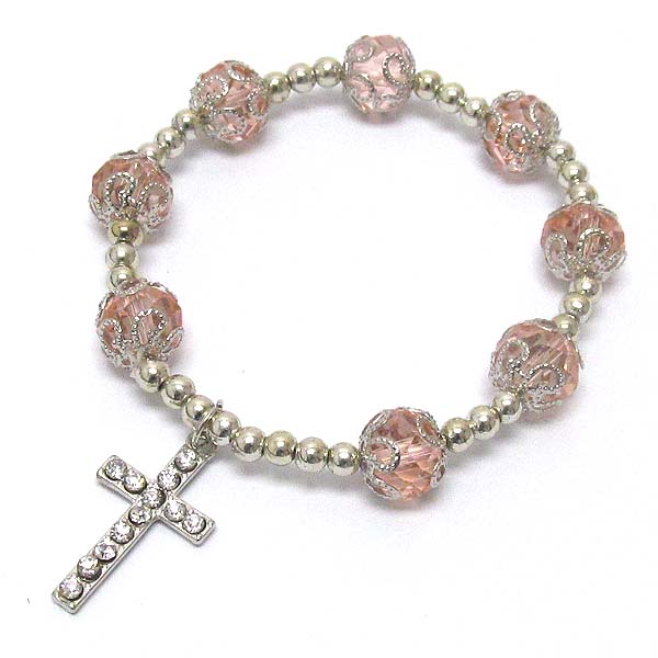 Crystal cross charm and facet stone link stretch bracelet