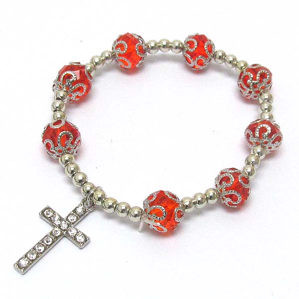 Crystal cross charm and facet stone link stretch bracelet