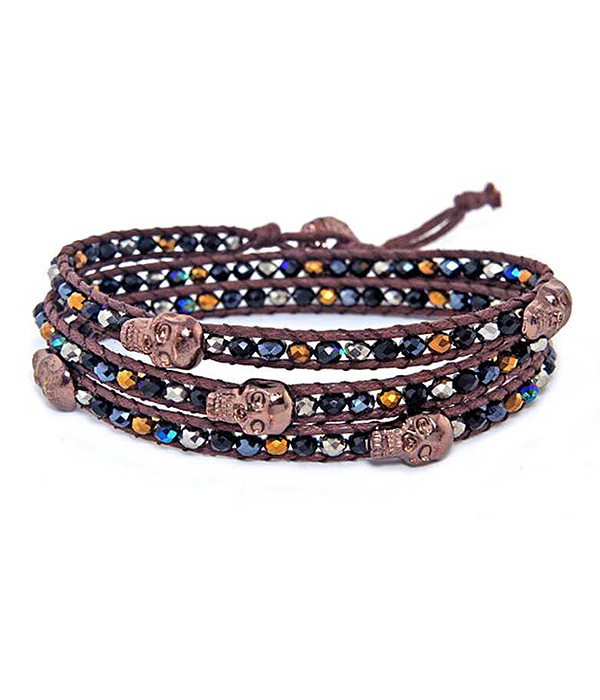 Facet stone sugar skull cord wrap bracelet