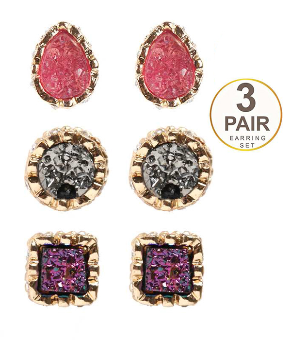 TEXTURED AND COLORED METAL 3 PAIR EARRING SET