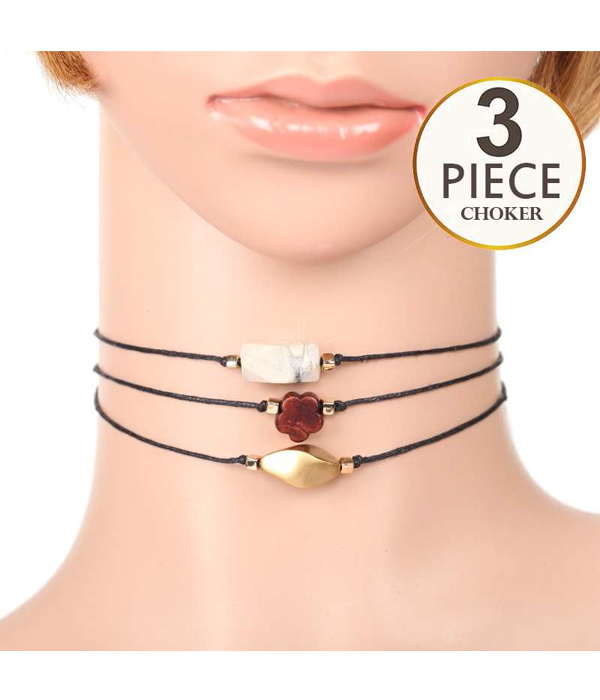 Multi stone 3 piece cord choker necklace set