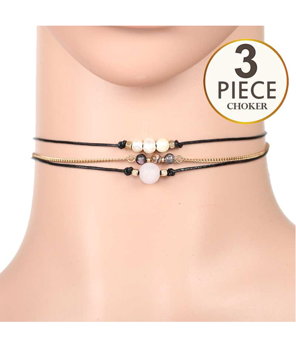 Multi stone 3 piece cord choker necklace set