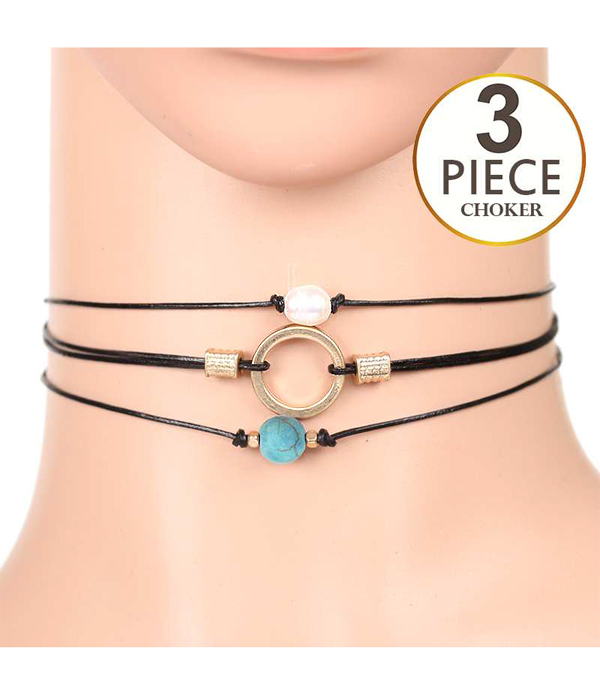 Multi stone 3 piece cord choker necklace set