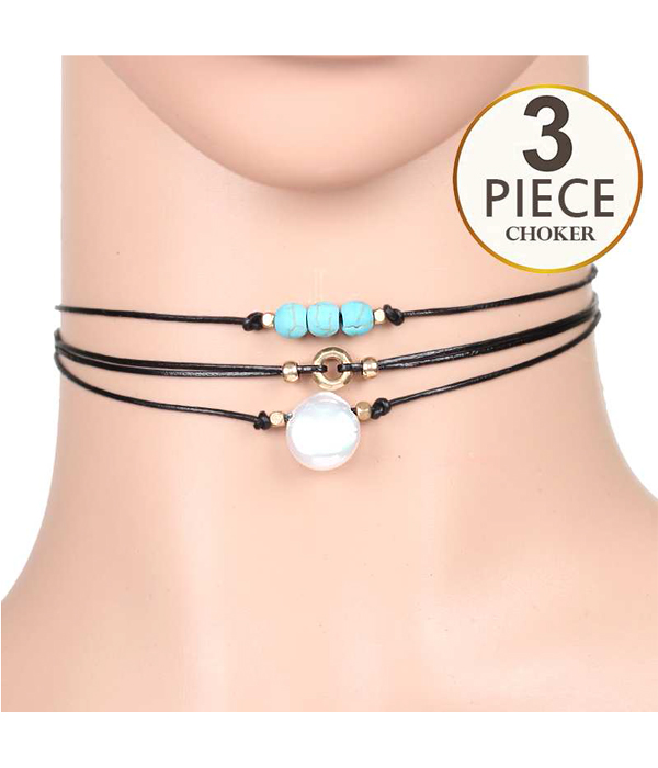Multi stone 3 piece cord choker necklace set
