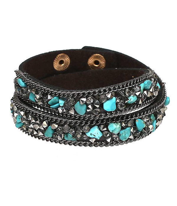 Multi stone mix leatherette wrap bracelet