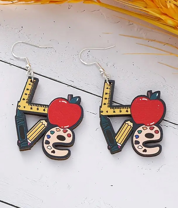 School theme wood earring - love