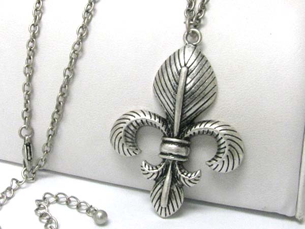 Burnish metal fleur de lis long chain necklace