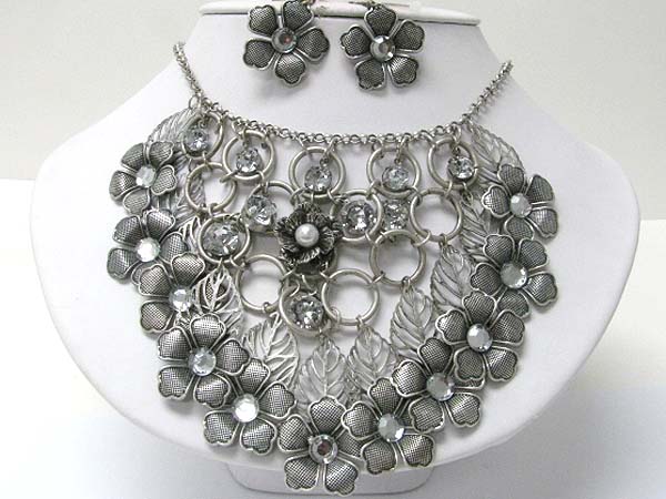 Crystal accent multi burnish metal flower bib style necklace earring set