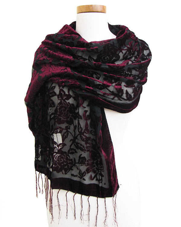 Rose pattern 100% velvet burnout scarf