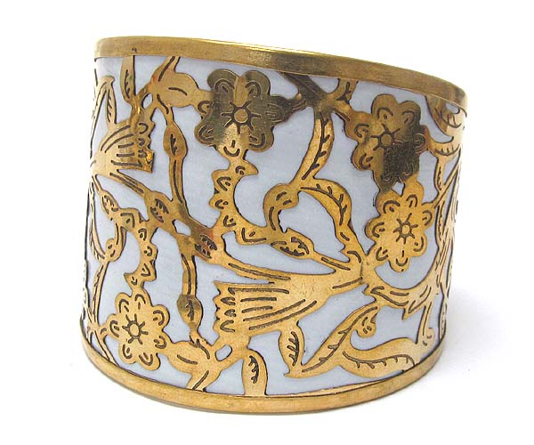 Eastern asian theme metal flower pattern cuff bangle bracelet - wear resistant electro plating