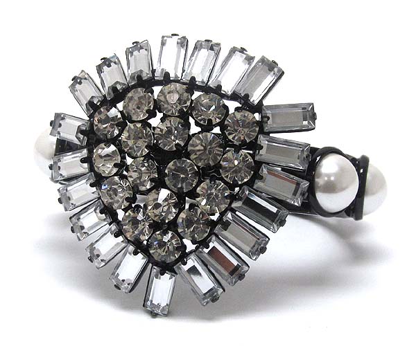 Multi crystal stud metal large flower and pearls deco hinge bangle bracelet