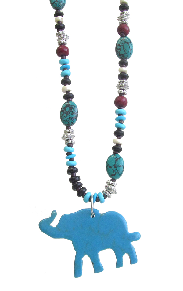 MULTI BEAD MIX TURQUOISE PENDANT NECKLACE - ELEPHANT