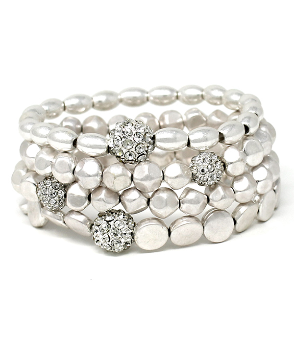 CRYSTAL FIREBALL AND METAL BEAD 4 STRETCH BRACELET SET