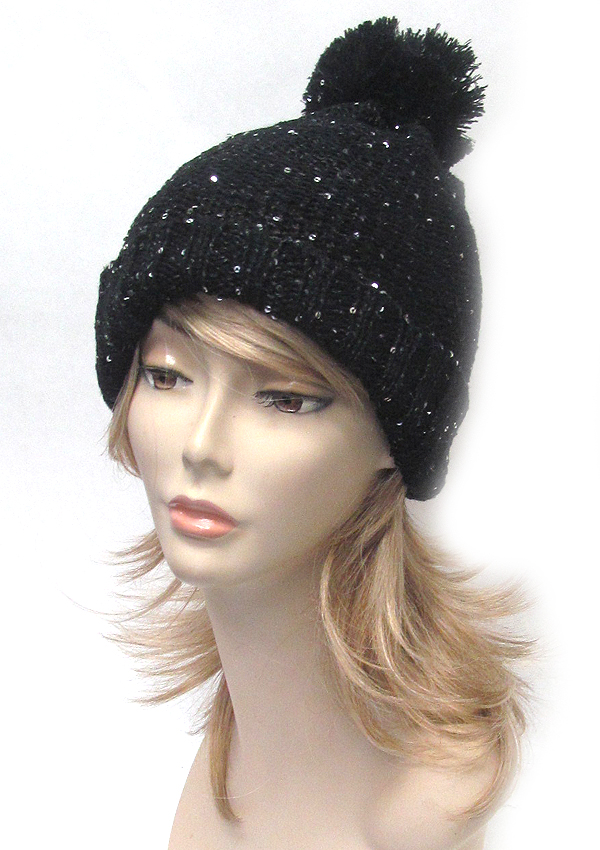 Slouchy sequin pom beanie 