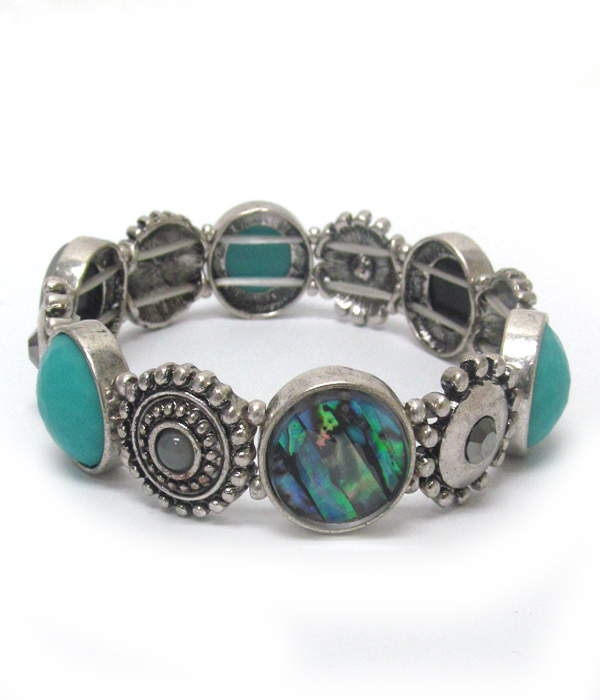 Abalone and textured metal disk linked stretch bracelet 