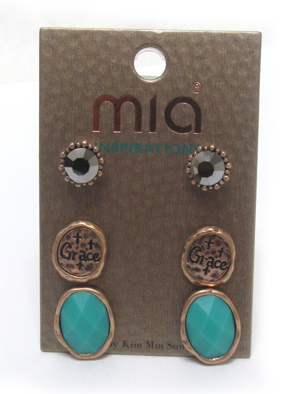 Fall color mixed shape three pair earring set