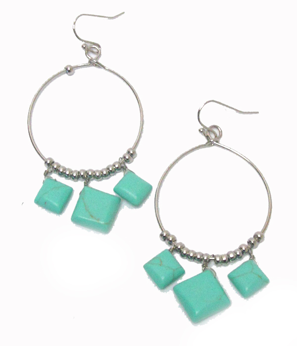 GENUINE SQUARE STONE DROP HOOP EARRING