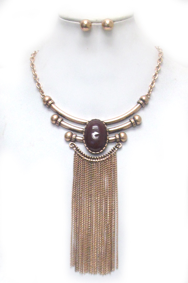 Oval stone and long tassel drop necklace set