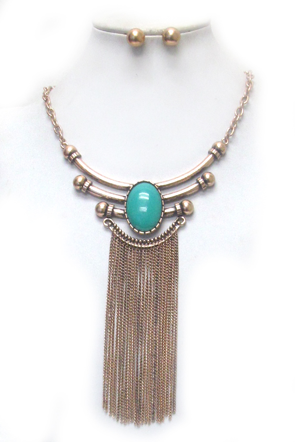 Oval stone and long tassel drop necklace set