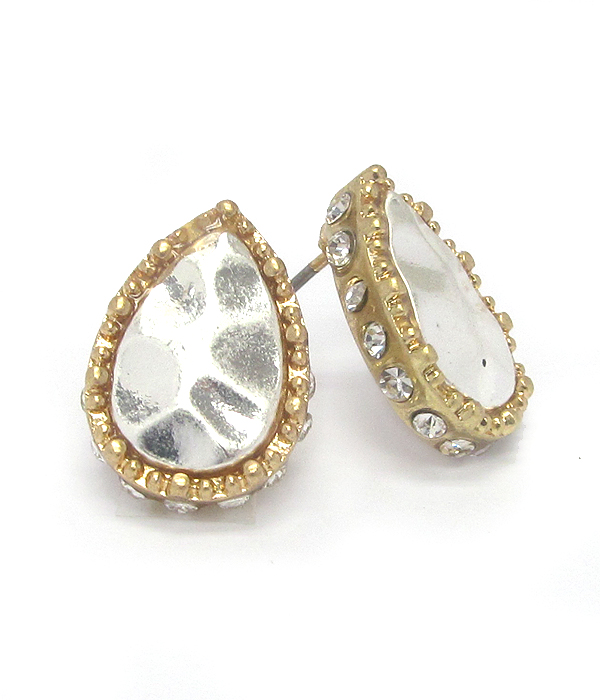 Hammered metal teardrop and crystal side stud earring