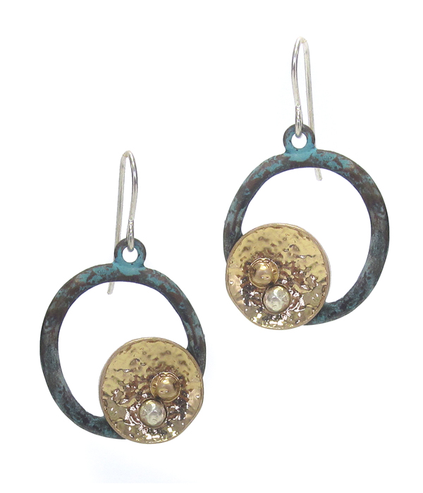 Hammered disk and patina hoop earring