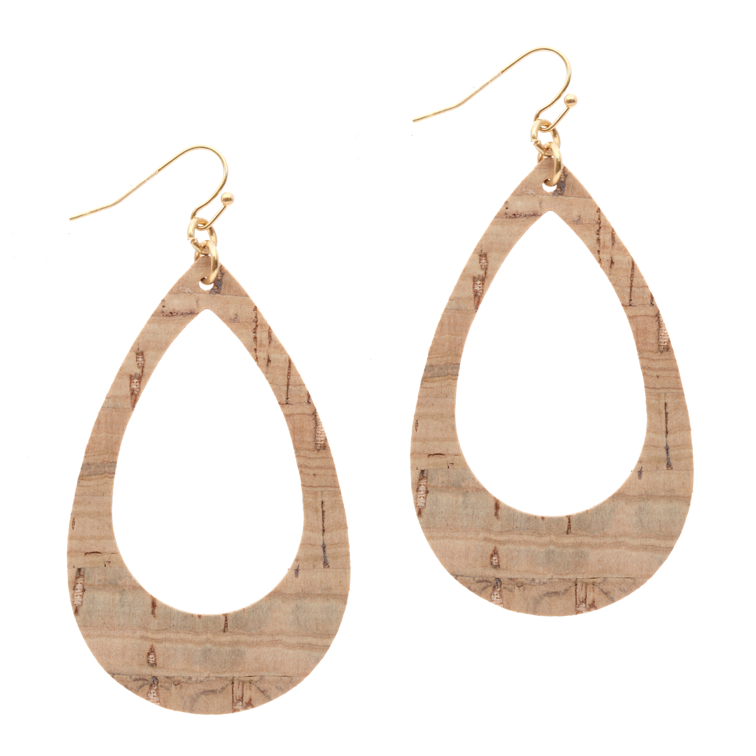 CORK WOOD PRINT LEATHERETTE OPEN TEARDROP EARRING