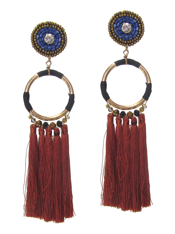 Seed bead disc and hoop and thread tassel drop earring