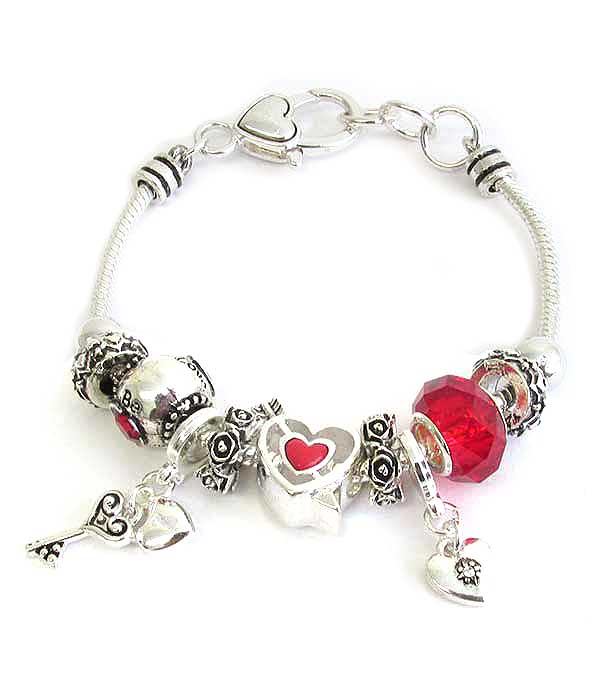 Euro style multi bead and charm bracelet - heart -valentine