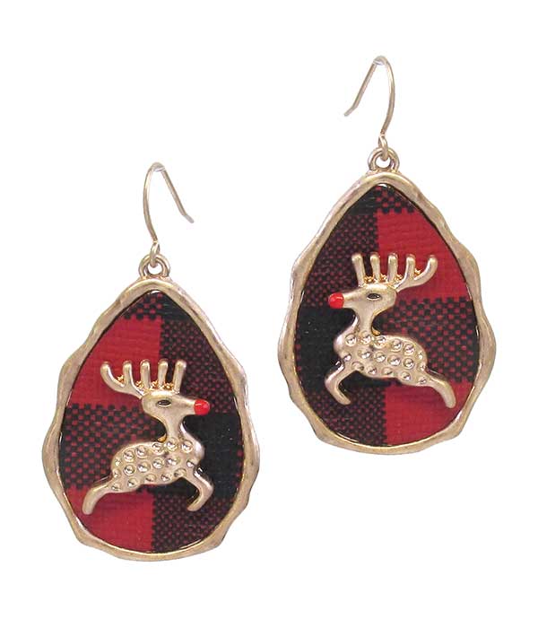 CHRISTMAS THEME REINDEER BUFFALO PLAID PATTERN TEARDROP EARRING - RUDOLF