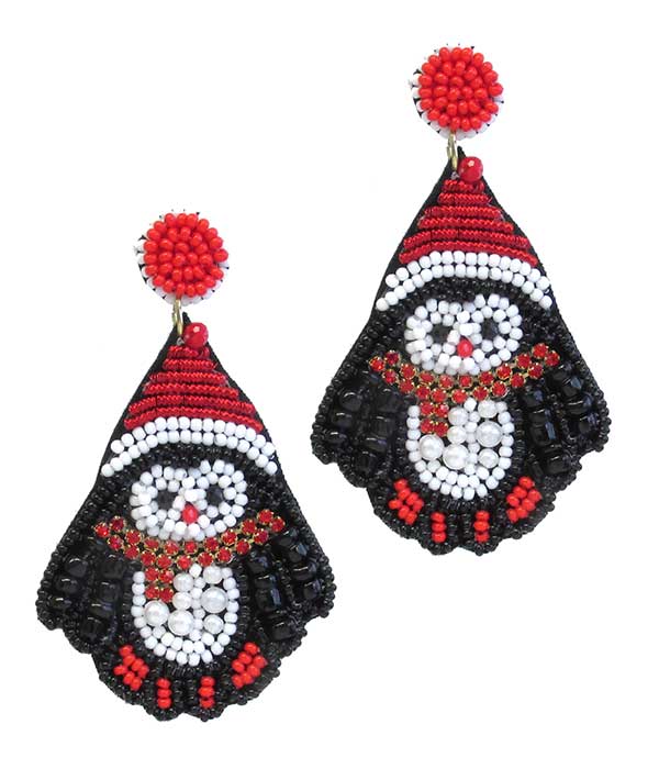 HANDMADE MULTI SEEDBEAD SANTA HAT AND PENGUIN EARRING