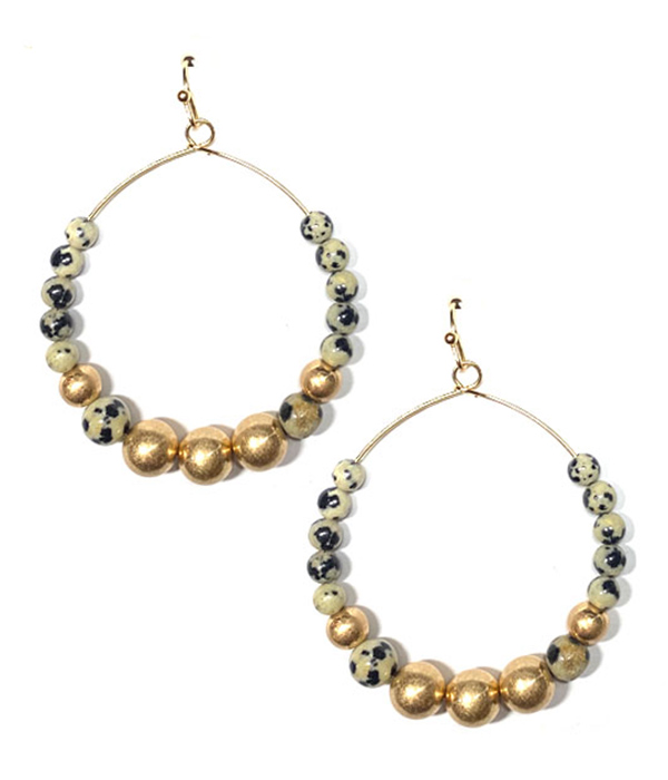 Semi precious stone and metal ball mix wire hoop earring