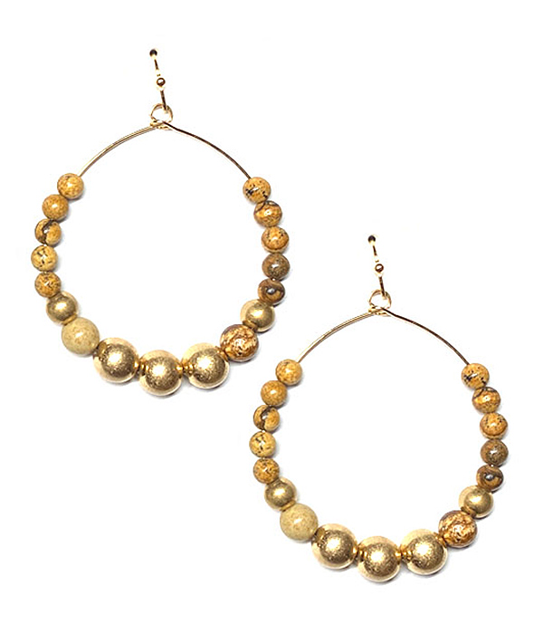 Semi precious stone and metal ball mix wire hoop earring