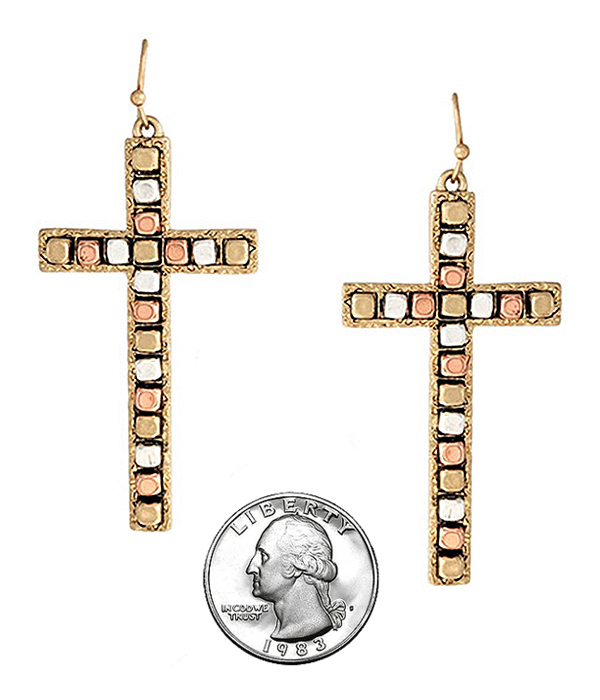 METAL BEAD STUD CROSS EARRING