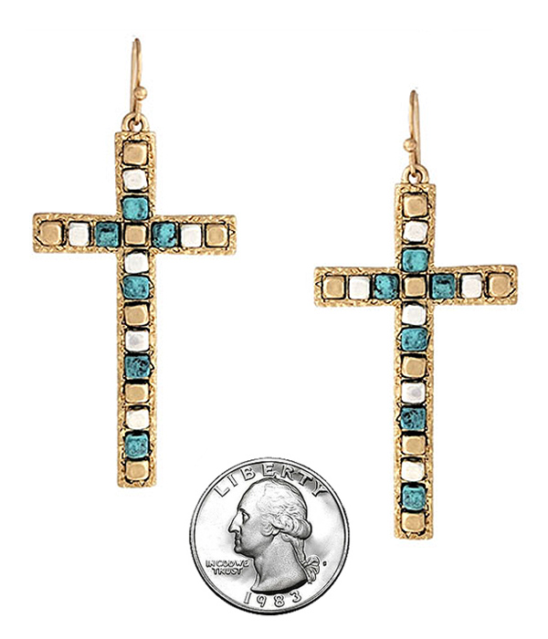 METAL BEAD STUD CROSS EARRING