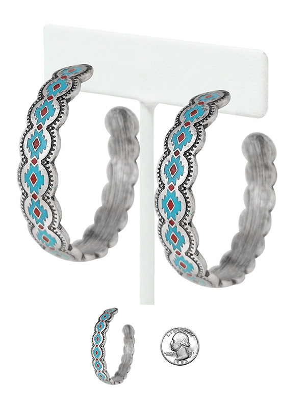 NAVAJO THEME METAL HOOP EARRING