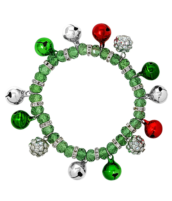 CHRISTMAS THEME MULT BELL CHARM STRETCH BRACELET