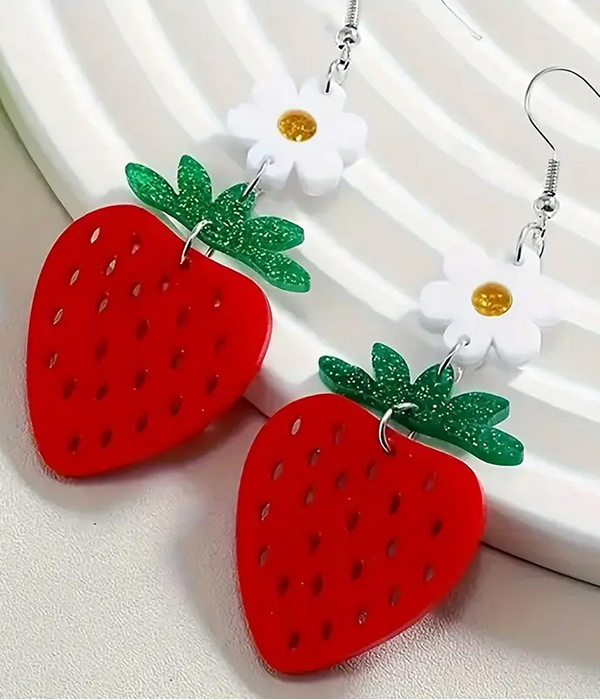 Flower and strawberry acrylic earring