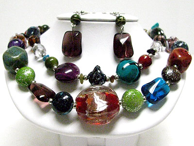 Double strand multi glass and ceramic beads necklace set