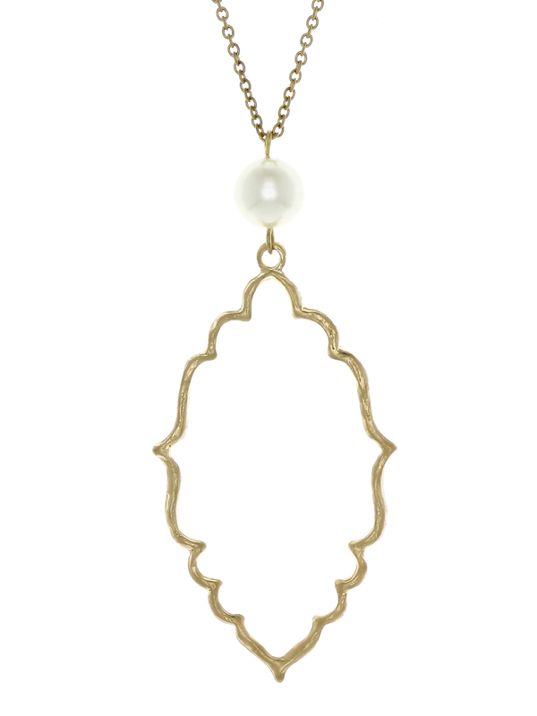 Hammered metal filigree and pearl long chain necklace