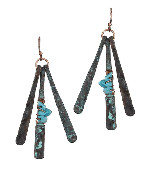 Natural stone wire wrap bead hammered metal bar drop earring