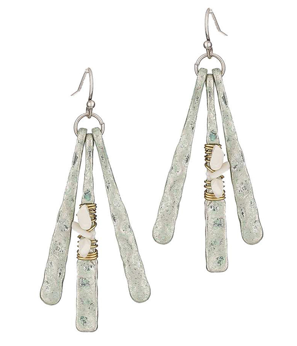 Natural stone wire wrap bead hammered metal bar drop earring