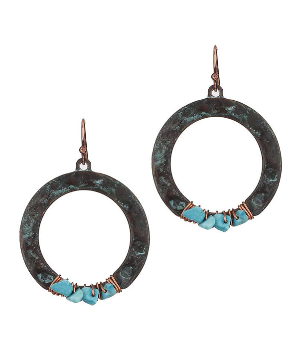 Natural stone wire wrap bead hammered metal hoop drop earring