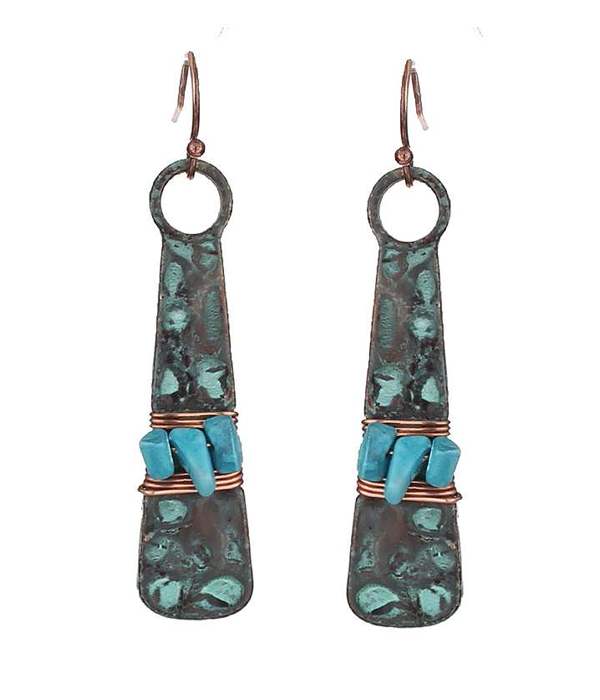 Natural stone wire wrap bead hammered metal bar earring