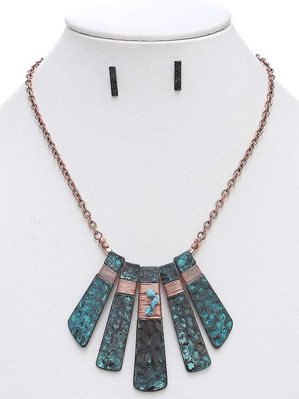 Natural stone wire wrap bead multi hammered metal bar necklace set