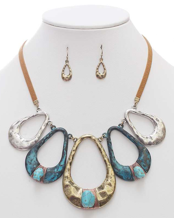 Natural stone wire wrap bead multi hammered teardrop link necklace set