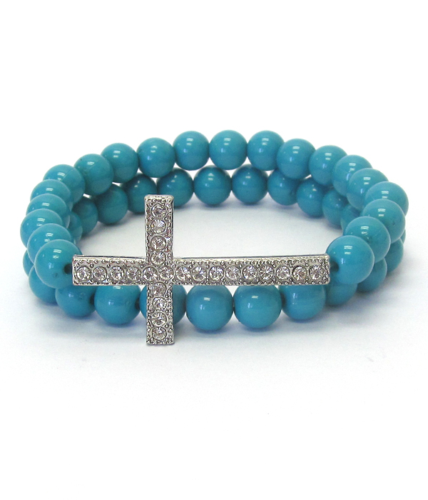 Crystal cross and ball bead double stretch bracelet