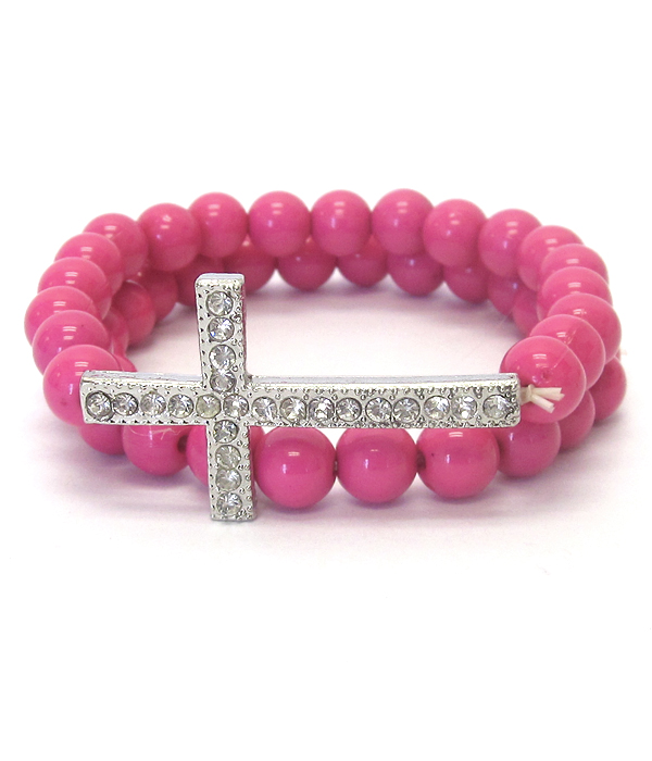 Crystal cross and ball bead double stretch bracelet