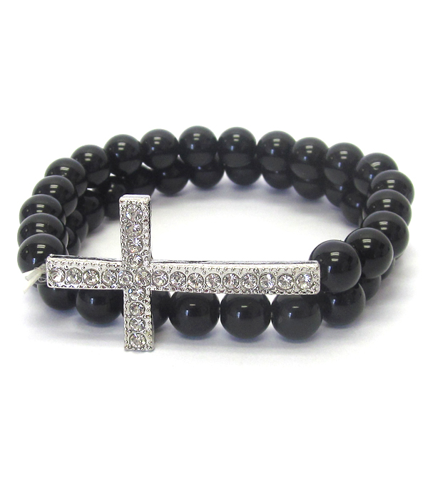 Crystal cross and ball bead double stretch bracelet