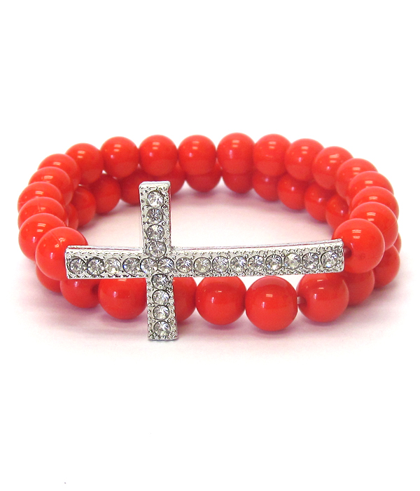 Crystal cross and ball bead double stretch bracelet