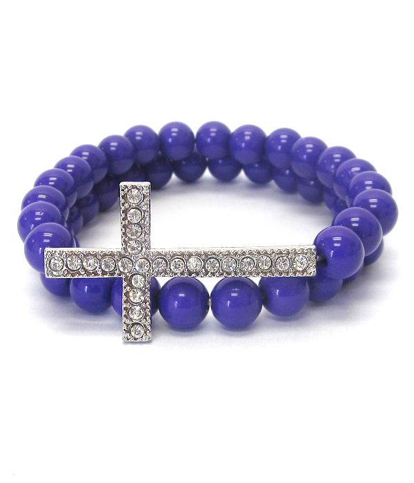 Crystal cross and ball bead double stretch bracelet